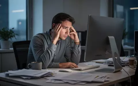 Erschöpfter Büroangestellter am Schreibtisch vor einem Computerbildschirm, der sich müde an die Schläfe fasst. - Foto: über boerse-global.de