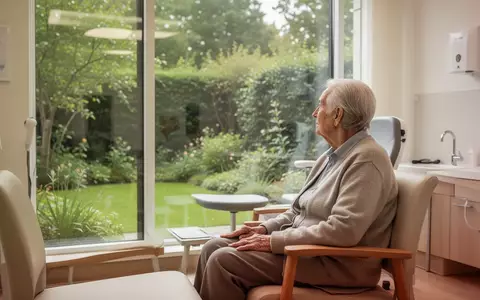 Ein älterer Mensch sitzt in einem hellen, freundlichen Tagesklinikraum und blickt nachdenklich aus dem Fenster. - Foto: über boerse-global.de