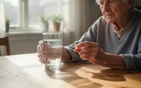 Ein älterer Mensch hält ein Glas Wasser und eine Kapsel in einem lichtdurchfluteten Raum. - Foto: über boerse-global.de