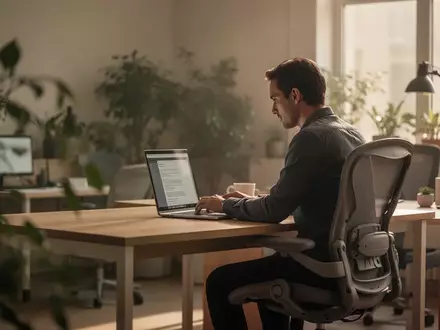 Ein konzentrierter Mitarbeiter in einem modern gestalteten, ruhigen Büroarbeitsplatz mit ergonomischen Möbeln. - Foto: über boerse-global.de