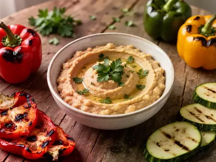 Eine Schüssel mit Kichererbsencreme umgeben von gegrillten Paprikastücken und Zucchinischeiben auf einem Holztisch. - Foto: über boerse-global.de