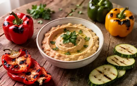 Eine Schüssel mit Kichererbsencreme umgeben von gegrillten Paprikastücken und Zucchinischeiben auf einem Holztisch. - Foto: über boerse-global.de