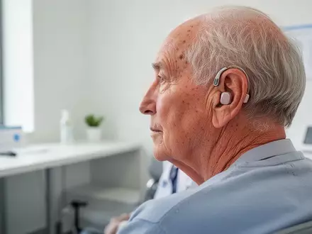 Nahaufnahme einer Person mit diskretem Hörgerät in einer hellen medizinischen Praxis zur Prävention von Demenz. - Foto: über boerse-global.de