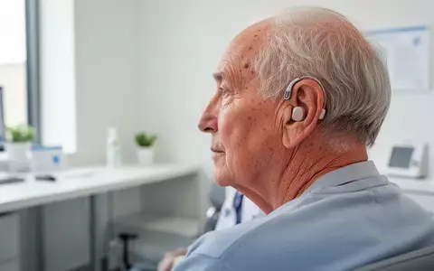Nahaufnahme einer Person mit diskretem Hörgerät in einer hellen medizinischen Praxis zur Prävention von Demenz. - Foto: über boerse-global.de
