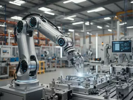 Ein hochmoderner humanoider Roboterarm führt präzise Montagearbeiten in einer hellen, industriellen Lagerumgebung aus. - Foto: über boerse-global.de
