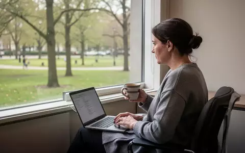 Eine Person macht in einem sonnendurchfluteten Büro eine Pause und schaut entspannt aus dem Fenster. - Foto: über boerse-global.de