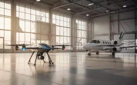 Ein modernes Flughangar mit einem kleinen Flugzeug und einer Drohne vor einem hellen Fenster. - Foto: über boerse-global.de