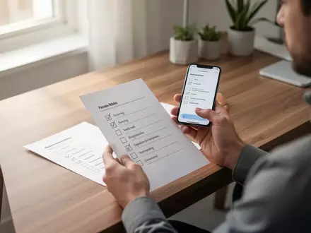 Person im Homeoffice prüft digitale Abonnements auf dem Smartphone mit einer physischen Checkliste. - Foto: über boerse-global.de