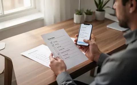 Person im Homeoffice prüft digitale Abonnements auf dem Smartphone mit einer physischen Checkliste. - Foto: über boerse-global.de