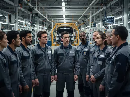 Besorgte Industriearbeiter stehen in einer modernen Automobilfabrik zusammen und unterhalten sich. - Foto: über boerse-global.de
