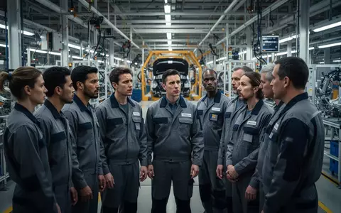 Besorgte Industriearbeiter stehen in einer modernen Automobilfabrik zusammen und unterhalten sich. - Foto: über boerse-global.de