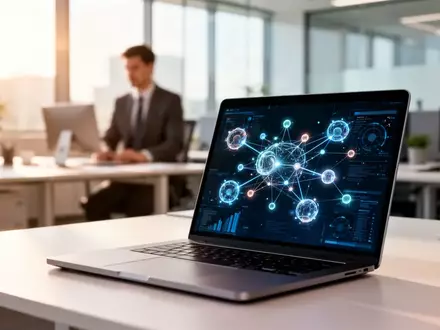 Ein moderner, sonnendurchfluteter Büroarbeitsplatz mit abstrakt visualisierten Datenknoten auf einem Laptop-Bildschirm. - Foto: über boerse-global.de