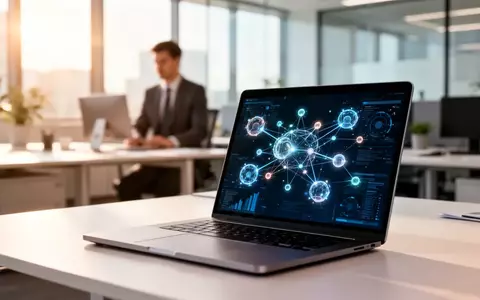 Ein moderner, sonnendurchfluteter Büroarbeitsplatz mit abstrakt visualisierten Datenknoten auf einem Laptop-Bildschirm. - Foto: über boerse-global.de
