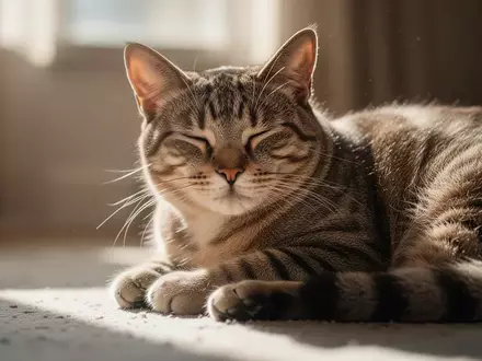 Eine Hauskatze ruht entspannt in einem sonnendurchfluteten Raum, wobei der Fokus auf ihrer ruhigen Körperhaltung liegt. - Foto: über boerse-global.de