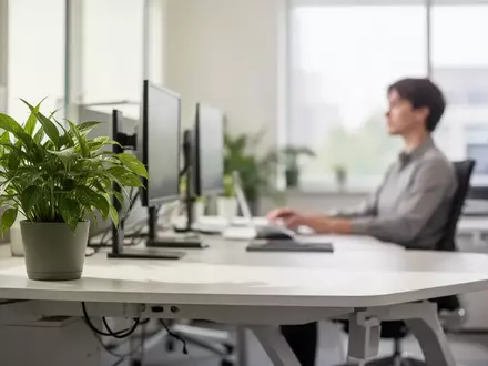 Ein heller, moderner Büroarbeitsplatz mit einer Person im Hintergrund, die in einer ruhigen und professionellen Atmosphäre arbeitet. - Foto: über boerse-global.de