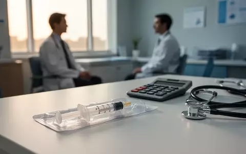 Eine medizinische Spritze und ein Taschenrechner auf einem Schreibtisch in einer Arztpraxis. - Foto: über boerse-global.de