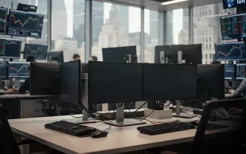 Ein moderner, unscharfer Börsenhandelsplatz mit leeren Monitoren an einem Arbeitsplatz bei Tageslicht. - Foto: über boerse-global.de