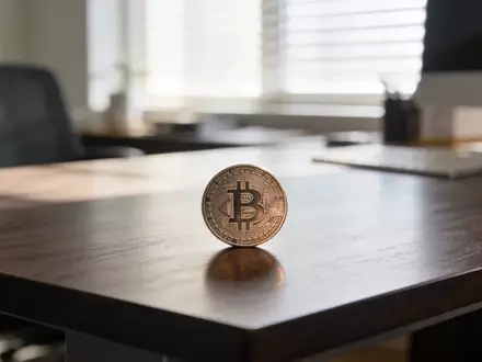 Eine physische Bitcoin-Münze auf einem minimalistischen Schreibtisch in einem professionellen Büro. - Foto: über boerse-global.de