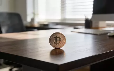 Eine physische Bitcoin-Münze auf einem minimalistischen Schreibtisch in einem professionellen Büro. - Foto: über boerse-global.de