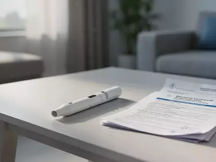 Ein moderner medizinischer Autoinjektor liegt auf einem hellen Holztisch in einer wohnlichen, hellen Umgebung. - Foto: über boerse-global.de