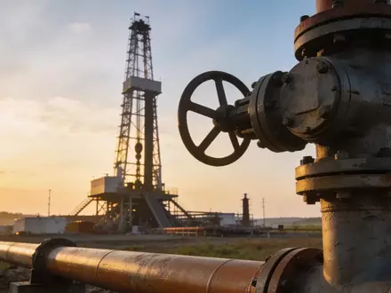 Moderne Erdgas-Förderanlage in einer ländlichen Landschaft bei Sonnenaufgang. - Foto: über boerse-global.de