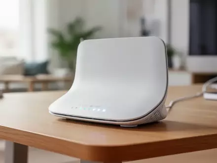 Ein moderner WLAN-Router auf einem Schreibtisch in einem hellen, modernen Home-Office. - Foto: über boerse-global.de