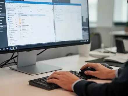 Nahaufnahme einer Person, die mit einer Computermaus durch die Dateiverwaltung auf einem modernen Monitor navigiert. - Foto: über boerse-global.de