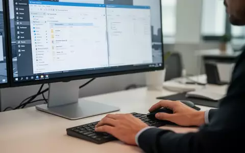 Nahaufnahme einer Person, die mit einer Computermaus durch die Dateiverwaltung auf einem modernen Monitor navigiert. - Foto: über boerse-global.de