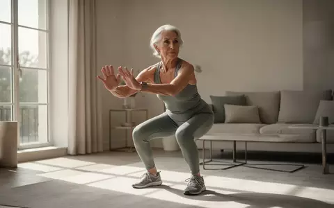 Eine sportliche Frau in den Siebzigern führt in einem hellen, minimalistischen Wohnzimmer eine Kniebeuge aus. - Foto: über boerse-global.de