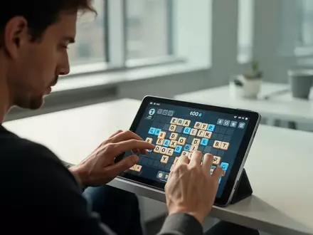 Eine konzentrierte Person spielt ein komplexes Kachel-Puzzlespiel auf einem Tablet in einer modernen Büroumgebung. - Foto: über boerse-global.de