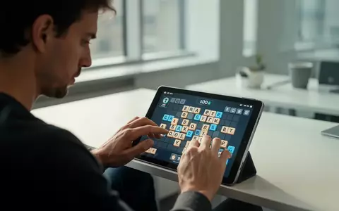Eine konzentrierte Person spielt ein komplexes Kachel-Puzzlespiel auf einem Tablet in einer modernen Büroumgebung. - Foto: über boerse-global.de