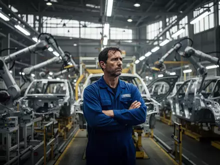 Ein nachdenklicher Fabrikarbeiter in einer Produktionshalle von Volkswagen vor dem Hintergrund stillstehender Montagebänder. - Foto: über boerse-global.de