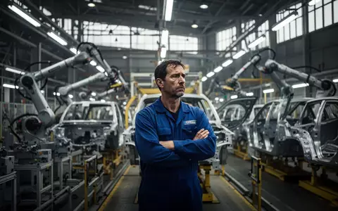 Ein nachdenklicher Fabrikarbeiter in einer Produktionshalle von Volkswagen vor dem Hintergrund stillstehender Montagebänder. - Foto: über boerse-global.de