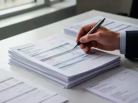 Nahaufnahme einer Hand, die mit einem Stift Dokumente für eine Lohnabrechnung auf einem aufgeräumten Schreibtisch bearbeitet. - Foto: über boerse-global.de