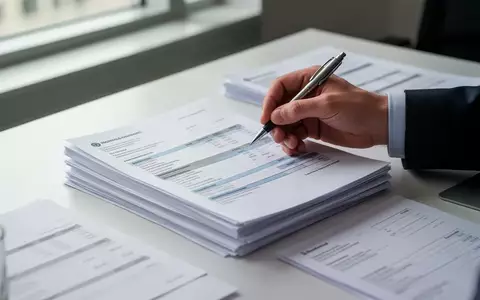 Nahaufnahme einer Hand, die mit einem Stift Dokumente für eine Lohnabrechnung auf einem aufgeräumten Schreibtisch bearbeitet. - Foto: über boerse-global.de