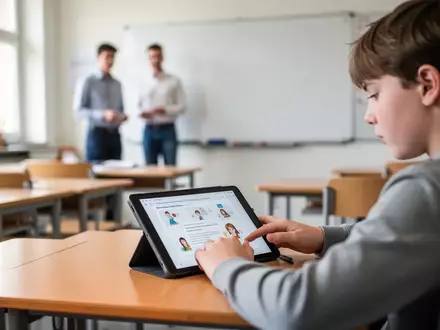 Ein Schüler arbeitet an einem Tablet in einem modernen deutschen Klassenzimmer während des Unterrichts. - Foto: über boerse-global.de