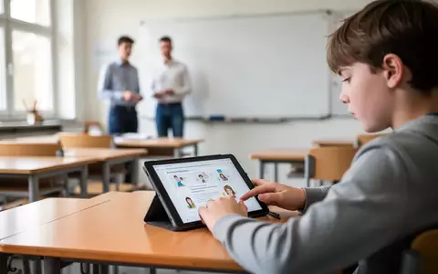 Ein Schüler arbeitet an einem Tablet in einem modernen deutschen Klassenzimmer während des Unterrichts. - Foto: über boerse-global.de