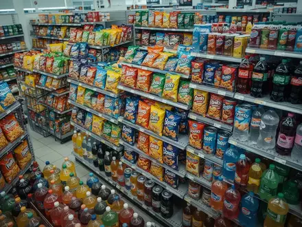 Regale in einem Supermarkt gefüllt mit hochverarbeiteten Lebensmitteln und zuckerhaltigen Getränken. - Foto: über boerse-global.de