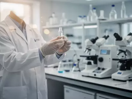 Ein Forscher in einem modernen Labor hält ein Glasfläschchen mit einer Testsubstanz für die pharmazeutische Entwicklung. - Foto: über boerse-global.de