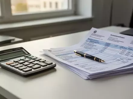 Schreibtisch mit Taschenrechner und Gehaltsunterlagen in einem modernen Büro als Symbol für Rentenpolitik. - Foto: über boerse-global.de