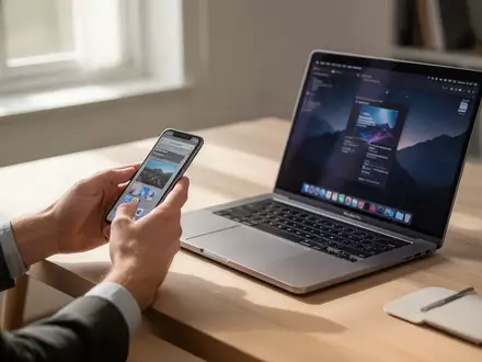 Person arbeitet an einem modernen Schreibtisch mit einem iPhone und einem MacBook Pro in einem hellen Büro. - Foto: über boerse-global.de