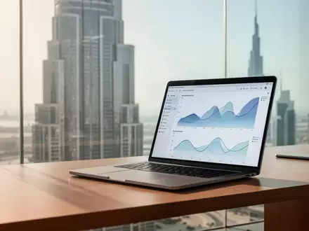 Ein moderner Büroarbeitsplatz mit Laptop vor einer Skyline in den Vereinigten Arabischen Emiraten. - Foto: über boerse-global.de
