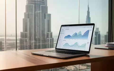 Ein moderner Büroarbeitsplatz mit Laptop vor einer Skyline in den Vereinigten Arabischen Emiraten. - Foto: über boerse-global.de