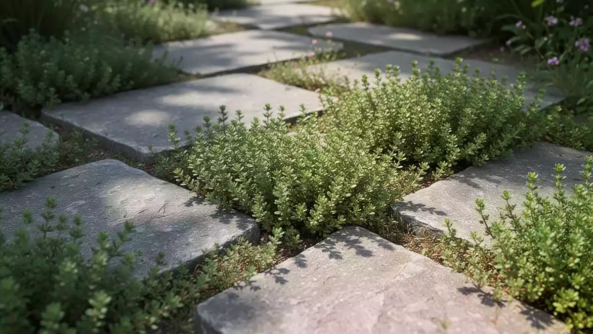 Sand-Thymian als natürliche Lösung gegen Unkraut in Pflasterfugen