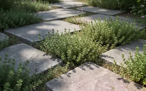 Sand-Thymian wächst dicht in den Fugen eines gepflasterten Gartenwegs und verdrängt so Unkraut. - Foto: über boerse-global.de