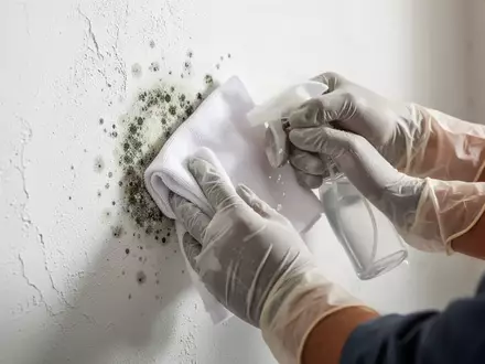 Eine Person mit Schutzhandschuhen reinigt vorsichtig eine kleine Schimmelstelle an einer Wand mit einem Tuch. - Foto: über boerse-global.de
