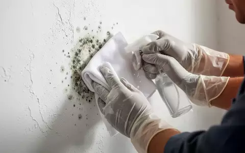 Eine Person mit Schutzhandschuhen reinigt vorsichtig eine kleine Schimmelstelle an einer Wand mit einem Tuch. - Foto: über boerse-global.de