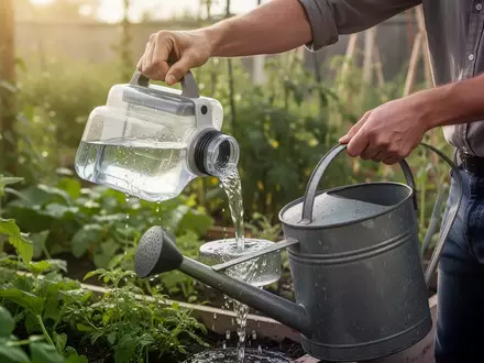 Eine Person gießt Kondenswasser aus einem Sammelbehälter in eine Gießkanne zur Bewässerung von Pflanzen im Garten. - Foto: über boerse-global.de