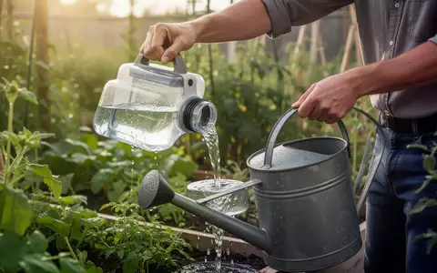 Eine Person gießt Kondenswasser aus einem Sammelbehälter in eine Gießkanne zur Bewässerung von Pflanzen im Garten. - Foto: über boerse-global.de