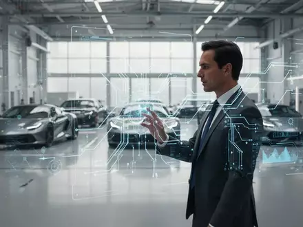 Ein Berater in einem modernen Automobil-Designlabor interagiert mit einer digitalen KI-Schnittstelle vor Sportwagen. - Foto: über boerse-global.de